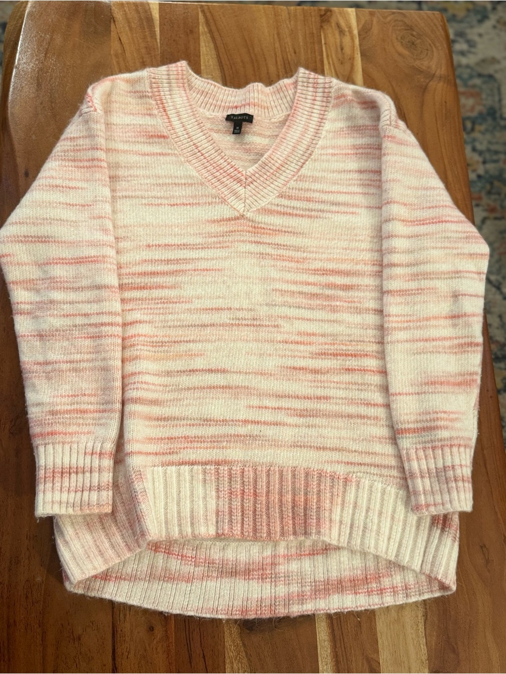 Talbots Striped V-Neck Sweater in Pink & Cream Size Medium